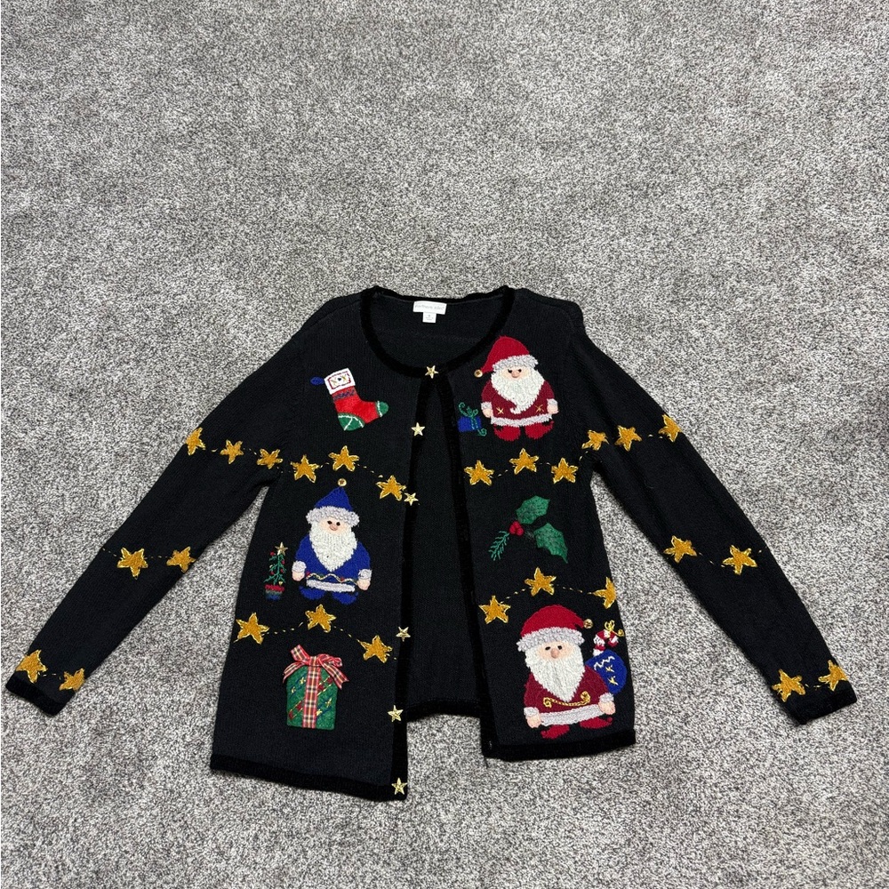 Festive Black Cardigan with Santa and Star Patterns